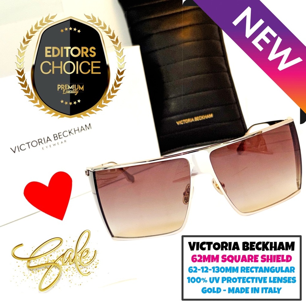BNWBOX Victoria Beckham 62 MM Square Shield Sunglasses GOLD